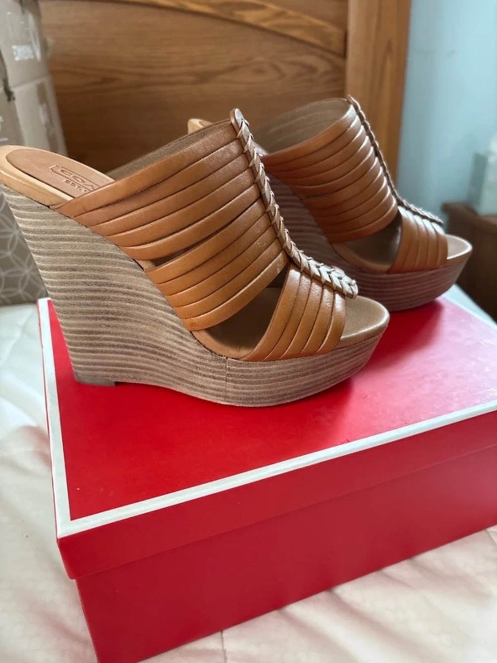 Coach Tan Woven Leather Platform Wedge Mule